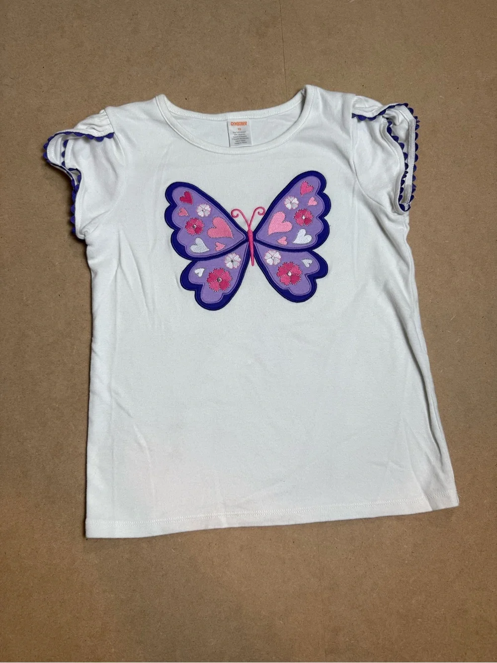 Gymboree Girls Size 10 Butterfly Appliqué White Ruffle Sleeve Top